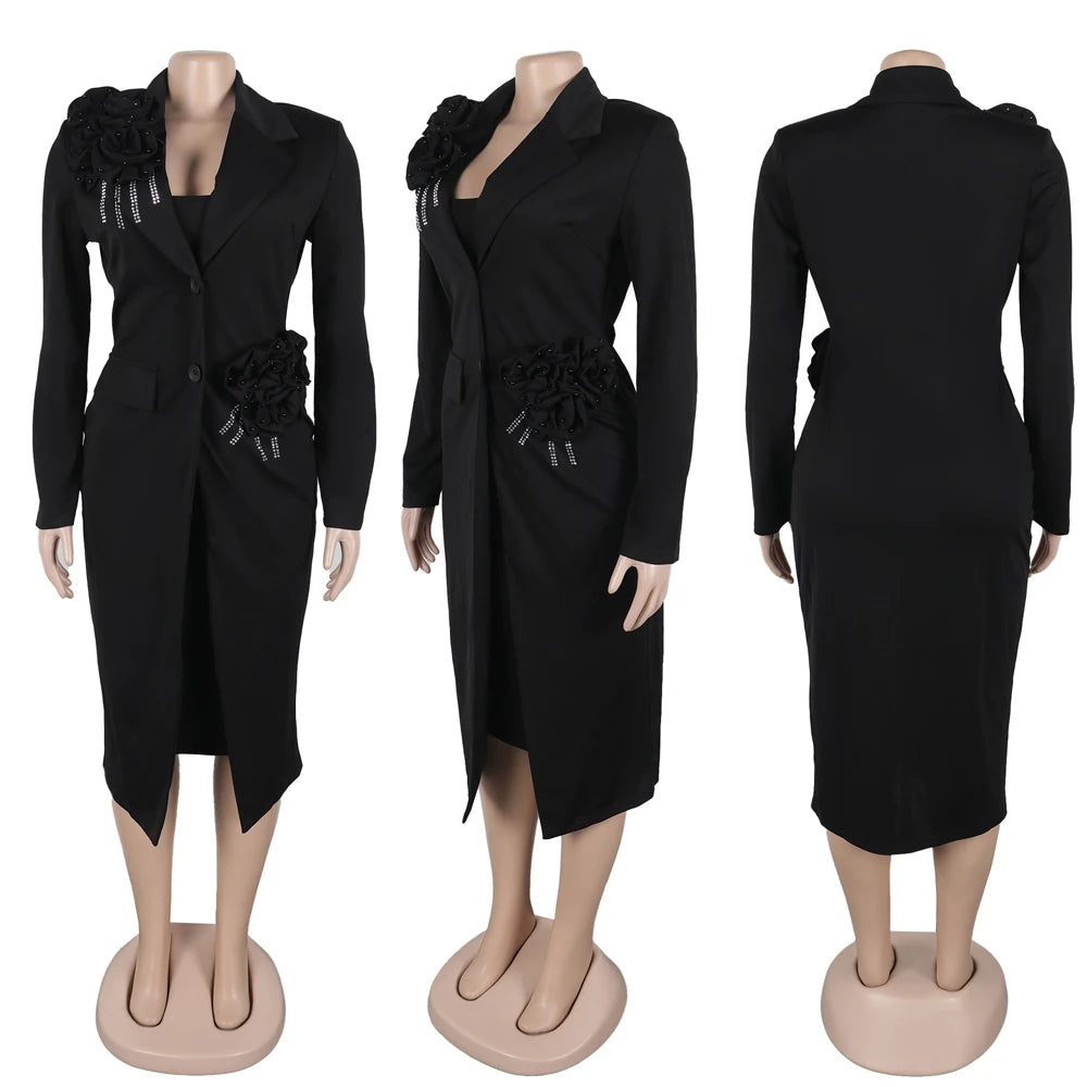 Women Dress 2 Piece Blazer Set Elegant Rhinestone 3D Flower Long Sleeve Coat Bodycon Midi Slip Dress Church Suit for Office Wear