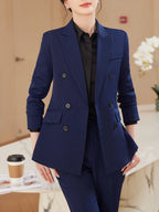 Peak Lapel Single-Vent Suit Set, Double-Breasted Long-Sleeve Solid-Color Office Smart Casual Pantsuit