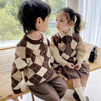 Fashion Children Boy Girls Matching Clothes Plaid Knitting Sweater Tops Pleated Skirt Pant Bear Outwear Spring Fall Clothing Set