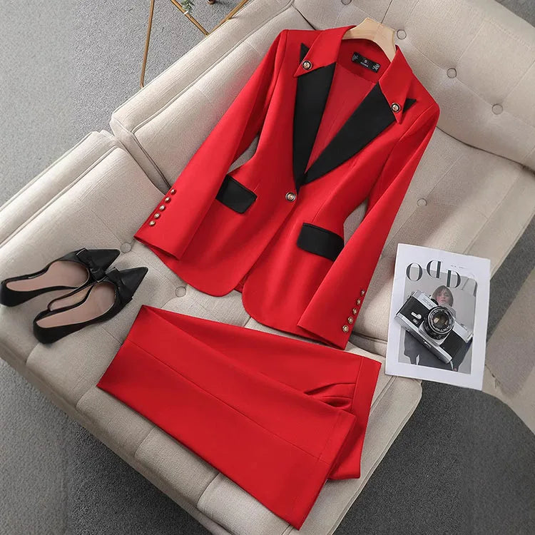 Fashion Red Black Beige Women Pant Suit 2 Piece Set Office Ladies Female Business Work Wear Formal Blazer Jacket And Trouser