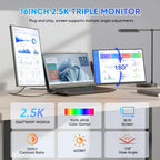 SIBOLAN 16" 2.5k Portable Dual Laptop Monitor 14" Optional 16:10 HDR 2560*1600P UHD Triple Folding Display for Laptop Windows