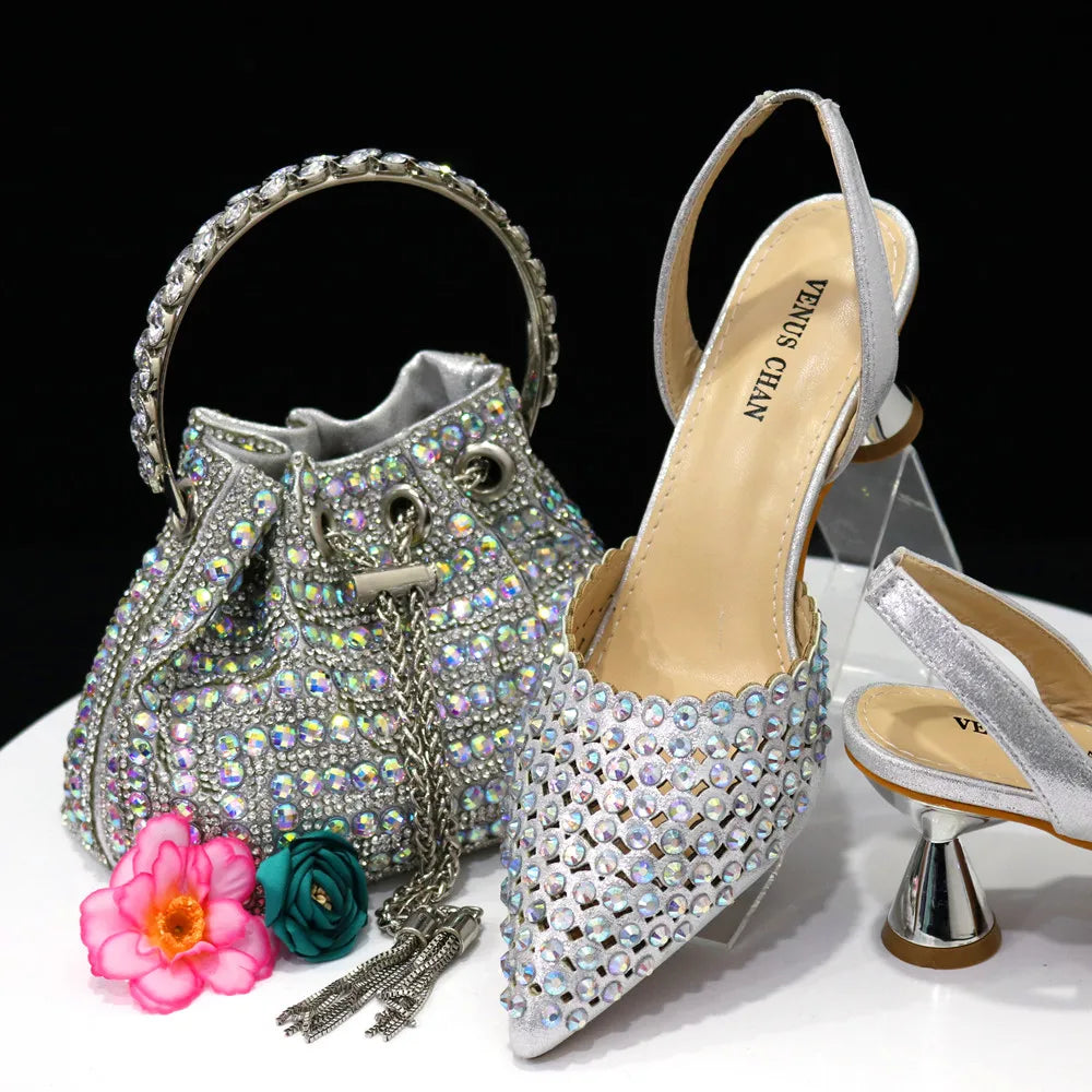 Venus Chan Pointed Toe Heels for Women 2023 Elegant Party Wine Color Full Diamond Pumps Italian Shoes and Bags Matching Set
