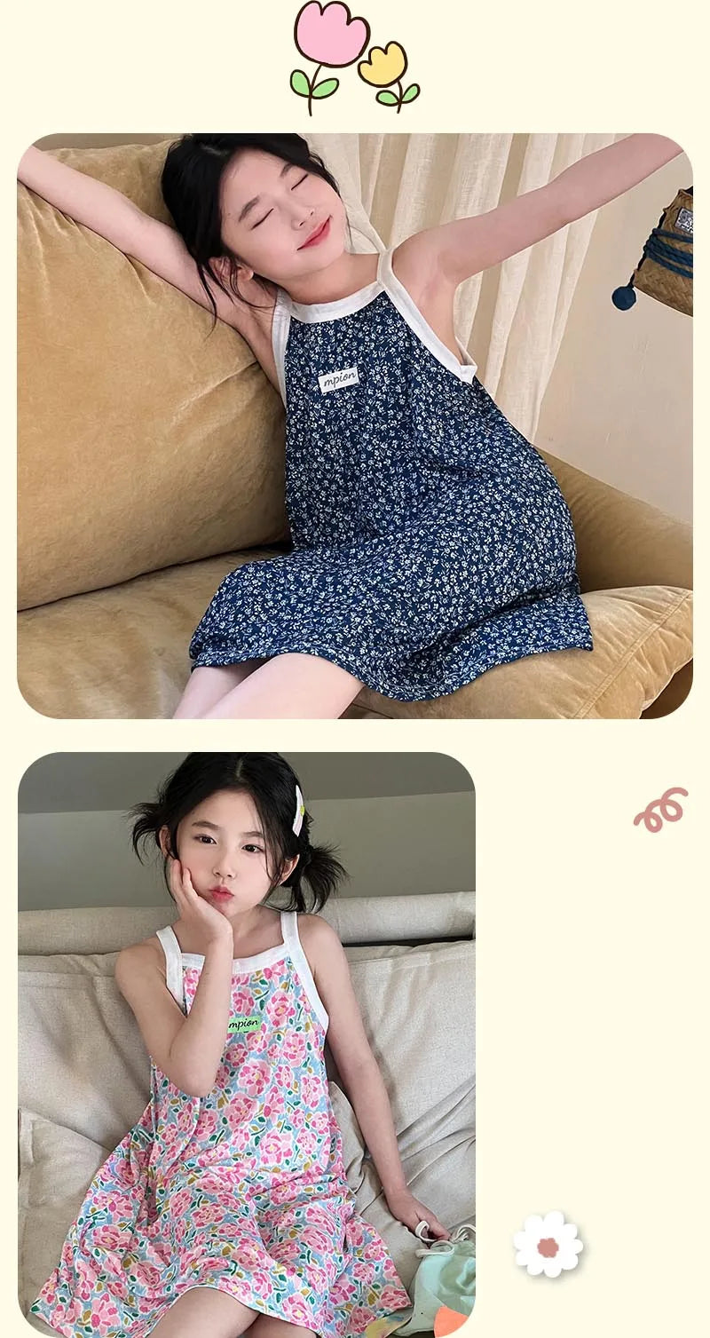 Girls Dress for Teens 11 12 to 13 Years Blue Floral Dress Summer Kids Clothes Casual Sleeveless Children's Dresses 140 150 160cm