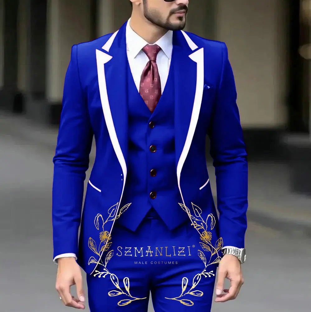 Royal Blue Wedding Tuxedos Men Suit Peak Lapel Terno Masculino Slim Fit Groom Prom Man Blazer Custom 3 Pieces Jacket Pant Vest