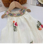Summer New Arrival: Bohemian-Style Halter Neck Embroidered Dress Floral Embroidered Mesh Layered Sleeveless Dress for Girls Cute