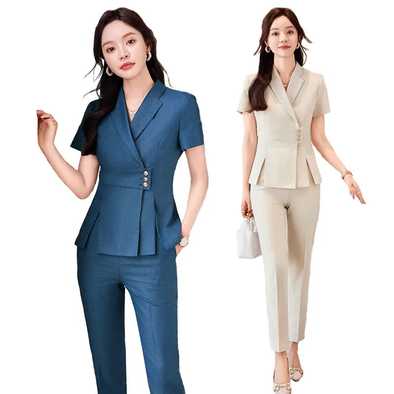 Summer Fabric Professional Women Business Suit with Pants and Jackets Coat Pantsuits Blazers Ladies Work Wear Trousers Set