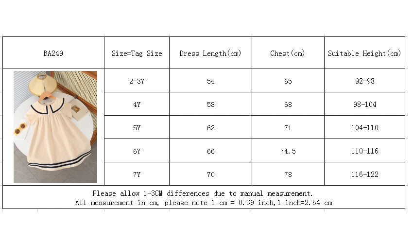 Summer Girl's Dress Solid Color Navy Collar Short-sleeved Fashion Casual Princess Dress Children Kids Clothing