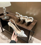 French Bride Gold Wedding Shoes for women Thin Heel Pointed Shallow Mouth Flower Rhinodrill High Heels Bao Head Fashion Sandals