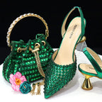Venus Chan Pointed Toe Heels for Women 2023 Elegant Party Wine Color Full Diamond Pumps Italian Shoes and Bags Matching Set