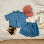 New baby clothes in summer, 0-3 years old baby girl and boy, sleeve pocket top + boxer shorts two-piece set