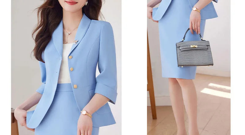 Yitimuceng Elegant Blazer for Women Office Fashion Three Quarters Suits Solid Single Breasted 2025 New All Seasons Skirt Suits