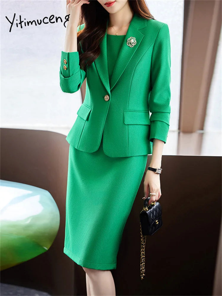 Yitimuceng Solid Suits Set Women 2026 New Fashion Office Ladies Single Button Loose Blazers Slim Elegant Sleeveless Dress Suits