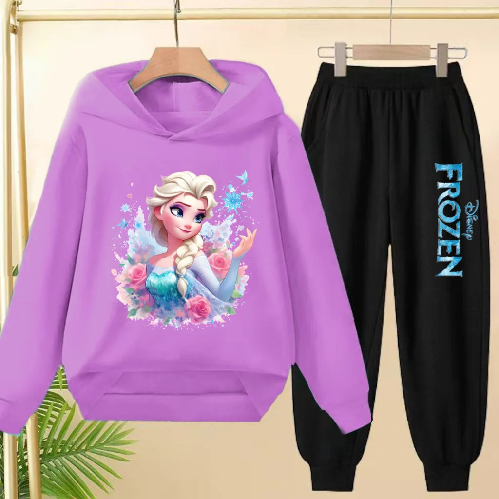 kids Kawaii Elsa Anima Film Pink Hoodies Boys Girls Casual Sweatshirt+Pants 3-12 Years Fashion Top Tracksuit Frozen Set Clothing