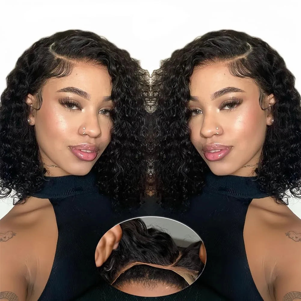 13x4 Curly Bob Wig Human Hair 100% Glueless Wear and Go HD Lace Human Hair Frontal Preplucked Ready to Wear Water Wave Bob Wigs