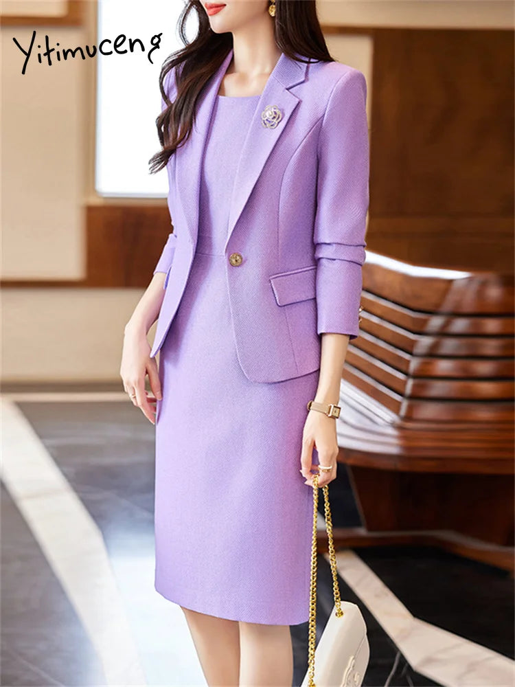 Yitimuceng Solid Suits Set Women 2026 New Fashion Office Ladies Single Button Loose Blazers Slim Elegant Sleeveless Dress Suits