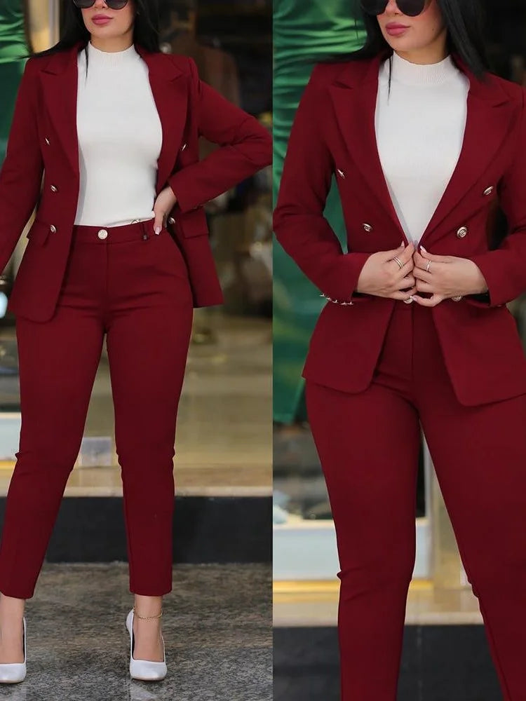 2Pcs Women's Solid Color Suit + Trousers Two-Piece Set Slim Fit Business Fashion Double Breasted Formal Female Clothes Outfit