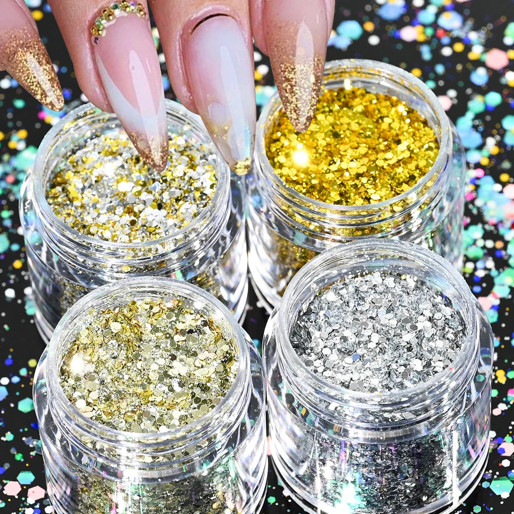 Holographic Glitter set 4 different shines Nail Sequins 10 grams each jar Holographic Cosmetic Festival Chunky Glitters Sequins