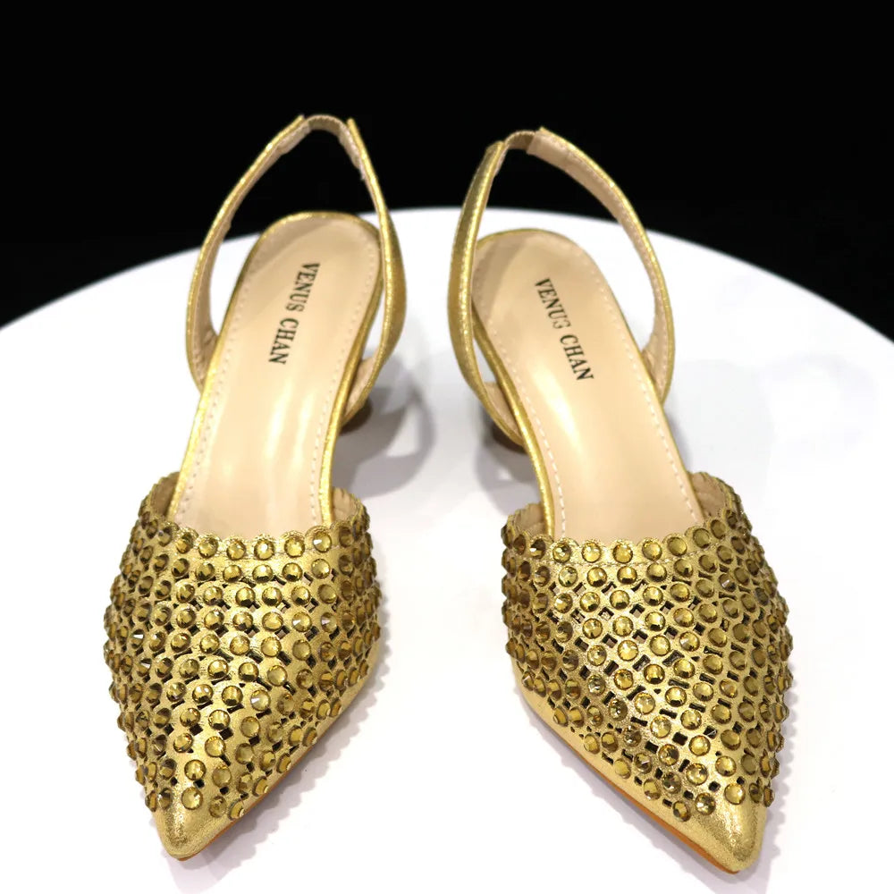 Venus Chan Pointed Toe Heels for Women 2023 Elegant Party Wine Color Full Diamond Pumps Italian Shoes and Bags Matching Set