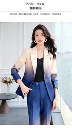 HIGH STREET Newest Fashion 2024 Designer Suit Set Women's Gradient Color Printed Single Button Blazer Flare Pants Suit