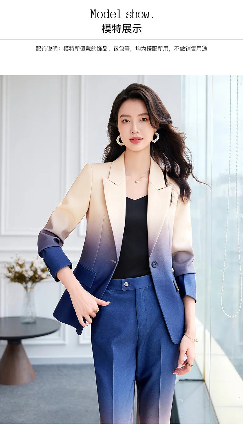 HIGH STREET Newest Fashion 2024 Designer Suit Set Women's Gradient Color Printed Single Button Blazer Flare Pants Suit