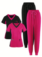 (4-piece Set)Scrubs Uniform Women's Jogging Brushed Elastic Sport Nurse Medical Uniform Scrub Top Work Suit Breathable Scrub Set