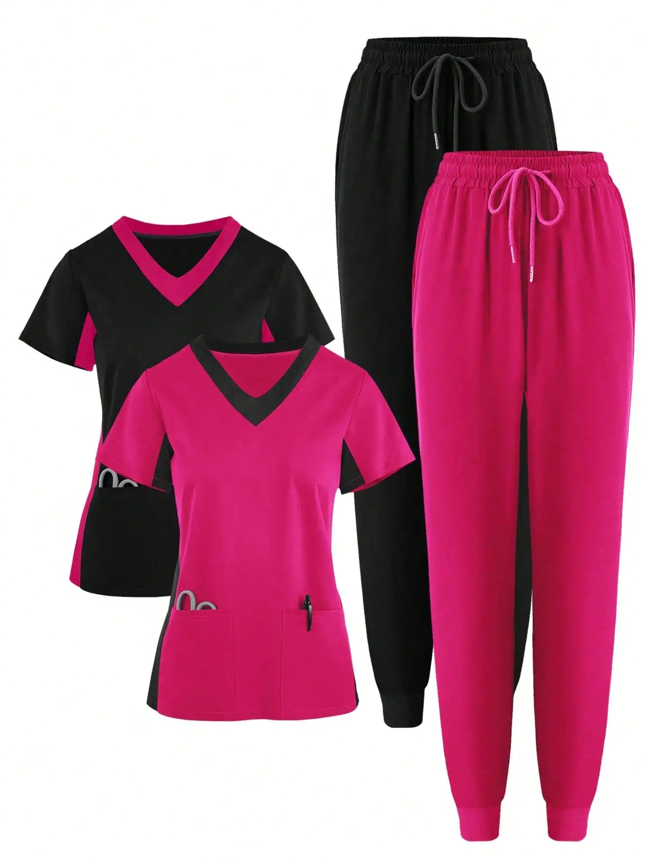 (4-piece Set)Scrubs Uniform Women's Jogging Brushed Elastic Sport Nurse Medical Uniform Scrub Top Work Suit Breathable Scrub Set