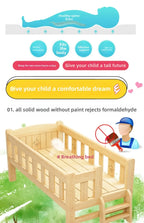 Solid Wood Children's Bed, Boy's Single Bed, with Guardrail, Girl's Princess Bed, Widened and Connected, Customizable