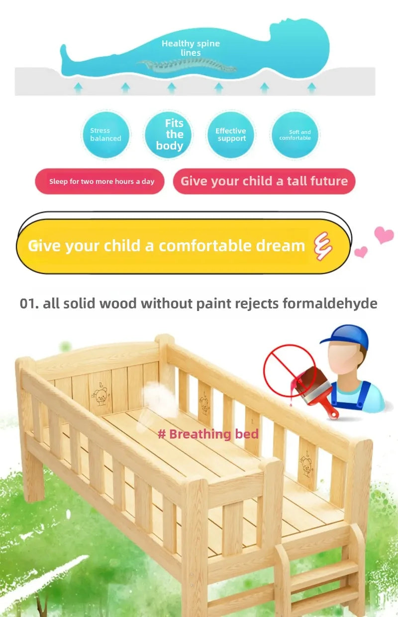 Solid Wood Children's Bed, Boy's Single Bed, with Guardrail, Girl's Princess Bed, Widened and Connected, Customizable