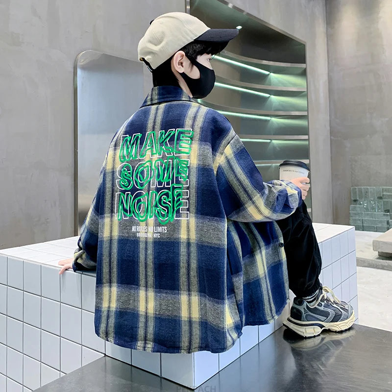 Children New Fashion Blue Plaid Shirt for Boy Casual Blouse Kids Cotton Top Spring Long Sleeve Baby Boy Clothes Outfit Age 5-14Y
