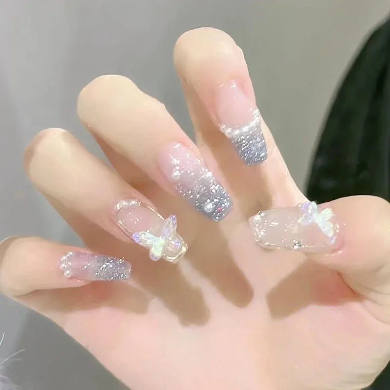24Pcs Press on Nails Long with Designs Pink Rhinestones False Fake Nails Press On Coffin Artificial Nails for Women Stick on