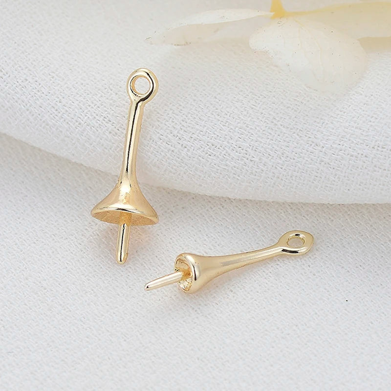Gold Plated Brass Long Eye Pin Peg Bail with 6mm Bead Cap and Peg Pendant Bail,For Half Drilled Pearls,Earring Jewelry Making