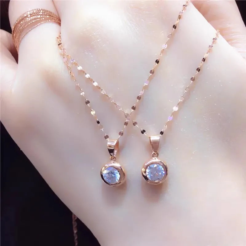 585 Purple Gold Shining Gemstone Round Pendant Plated 14K Rose Gold glossy Simple necklaces chain collar Banquet jewellery women