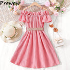 Prowow Girls Party Dresses With Belt 2pcs Trendy Ruffles Off Shoulder Dress For Girls Kids Clothes Teenagers Dresses Girls