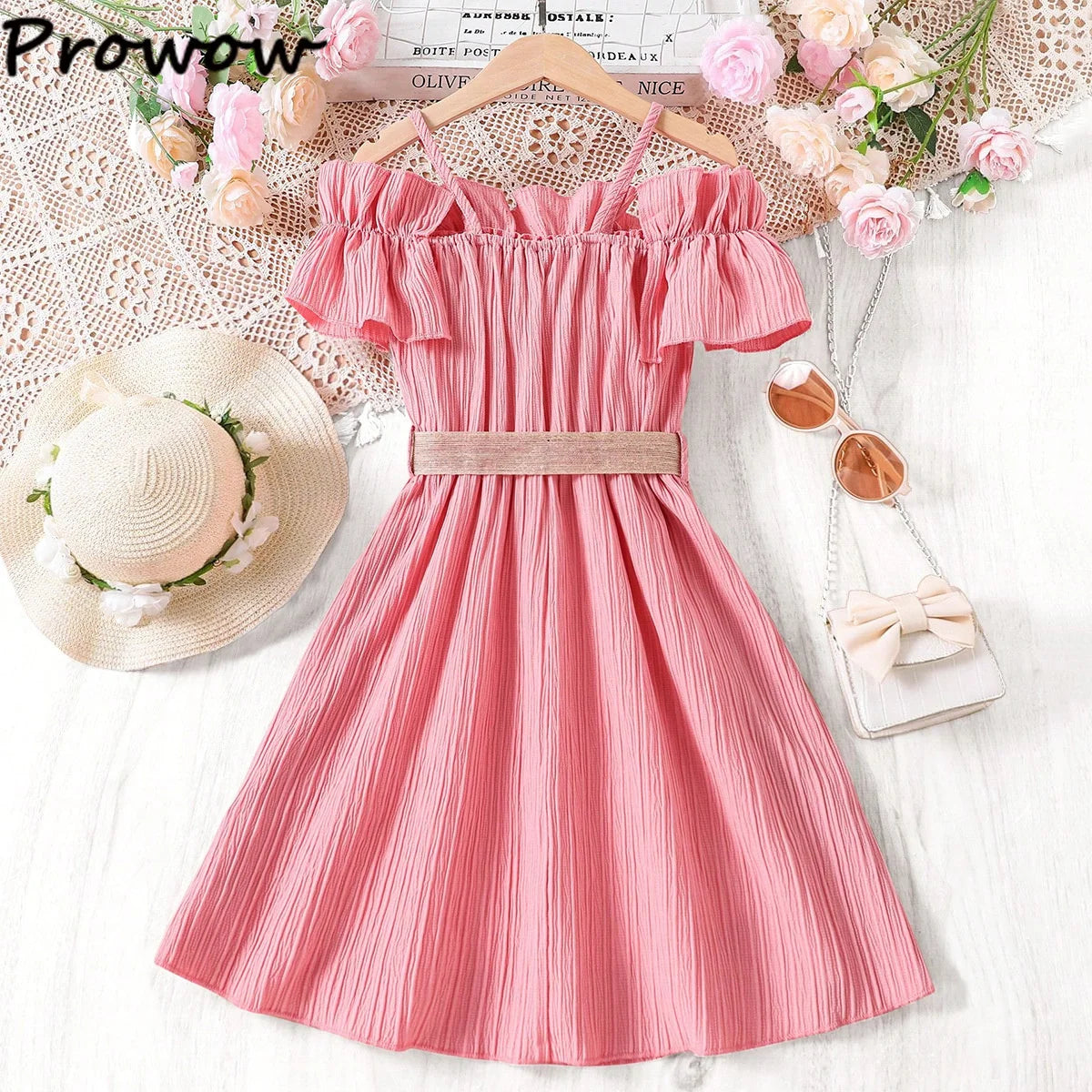 Prowow Girls Party Dresses With Belt 2pcs Trendy Ruffles Off Shoulder Dress For Girls Kids Clothes Teenagers Dresses Girls