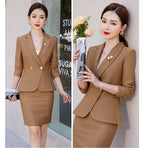 NAVIU Blue Suits Women 2023 New Autumn Professional Long Sleeve Rulffes Slim Blazer And Skirt Sets Office Ladies Work Wear Red