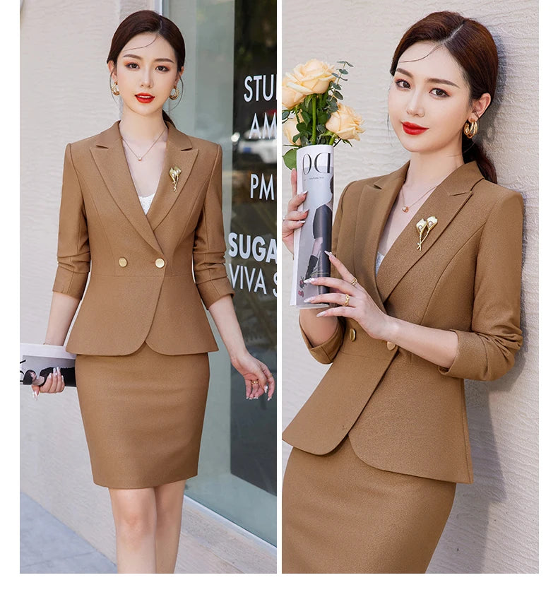 NAVIU Blue Suits Women 2023 New Autumn Professional Long Sleeve Rulffes Slim Blazer And Skirt Sets Office Ladies Work Wear Red