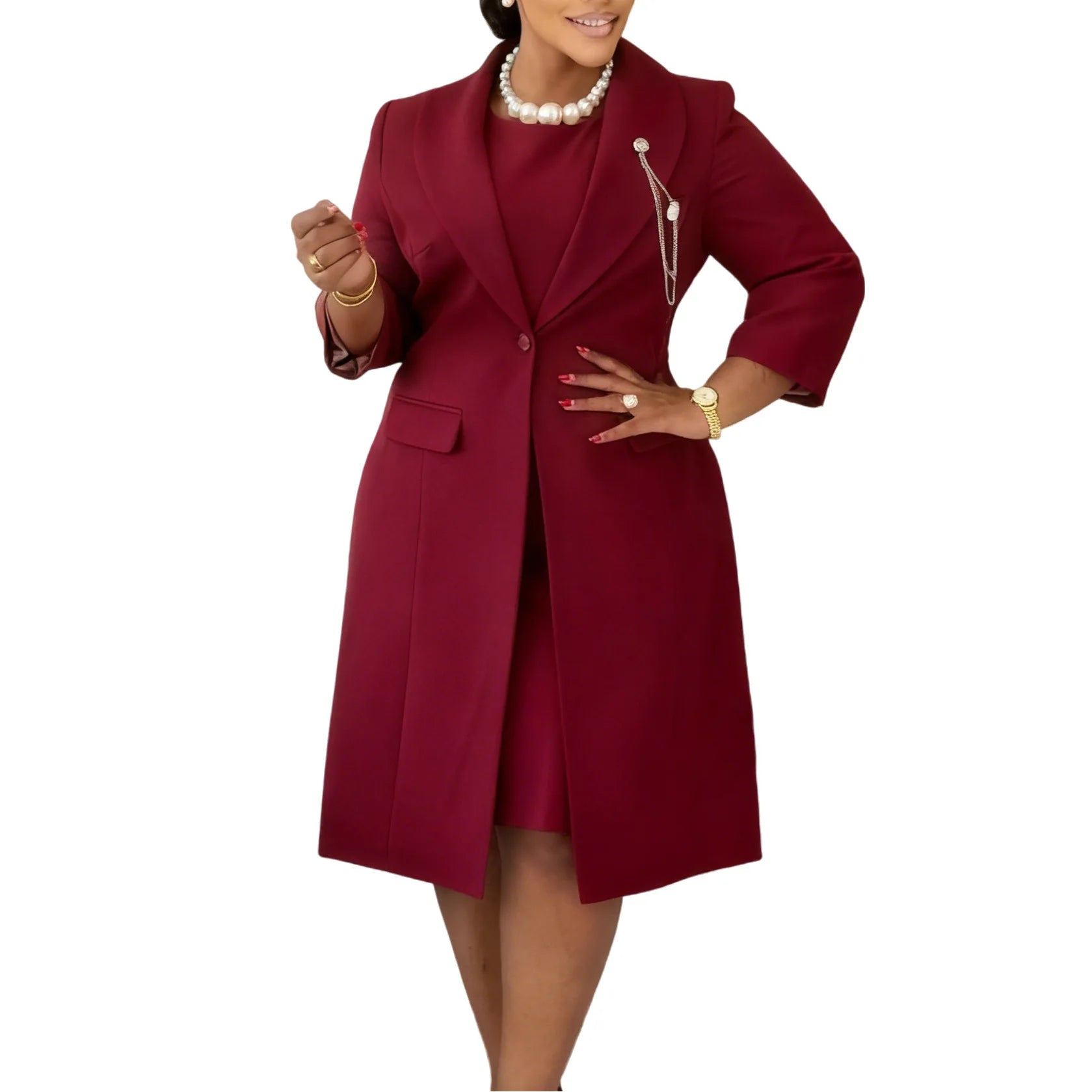 Office Ladies Elegant Two Piece Set Blazer Coat Chest Chain O Neck Sleeveless Inner Dress Classy Slim Church Formal Work Wear