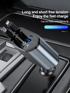 4-in-1 Retractable Car Phone Charger -Max 100W Quick Charge  and USB, Type-C Port for Phone 8-16 Series Android Smart Devices