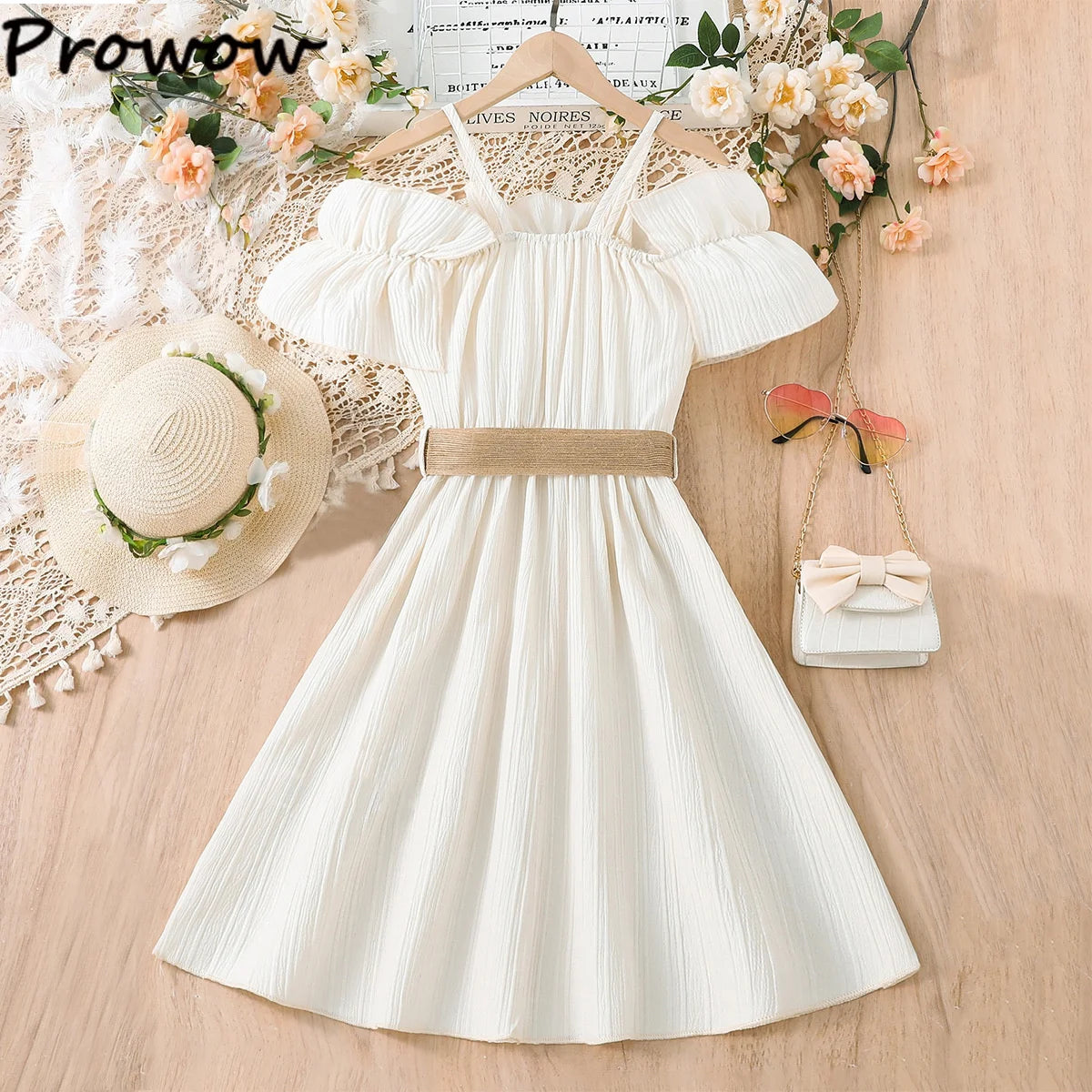 Prowow Girls Party Dresses With Belt 2pcs Trendy Ruffles Off Shoulder Dress For Girls Kids Clothes Teenagers Dresses Girls