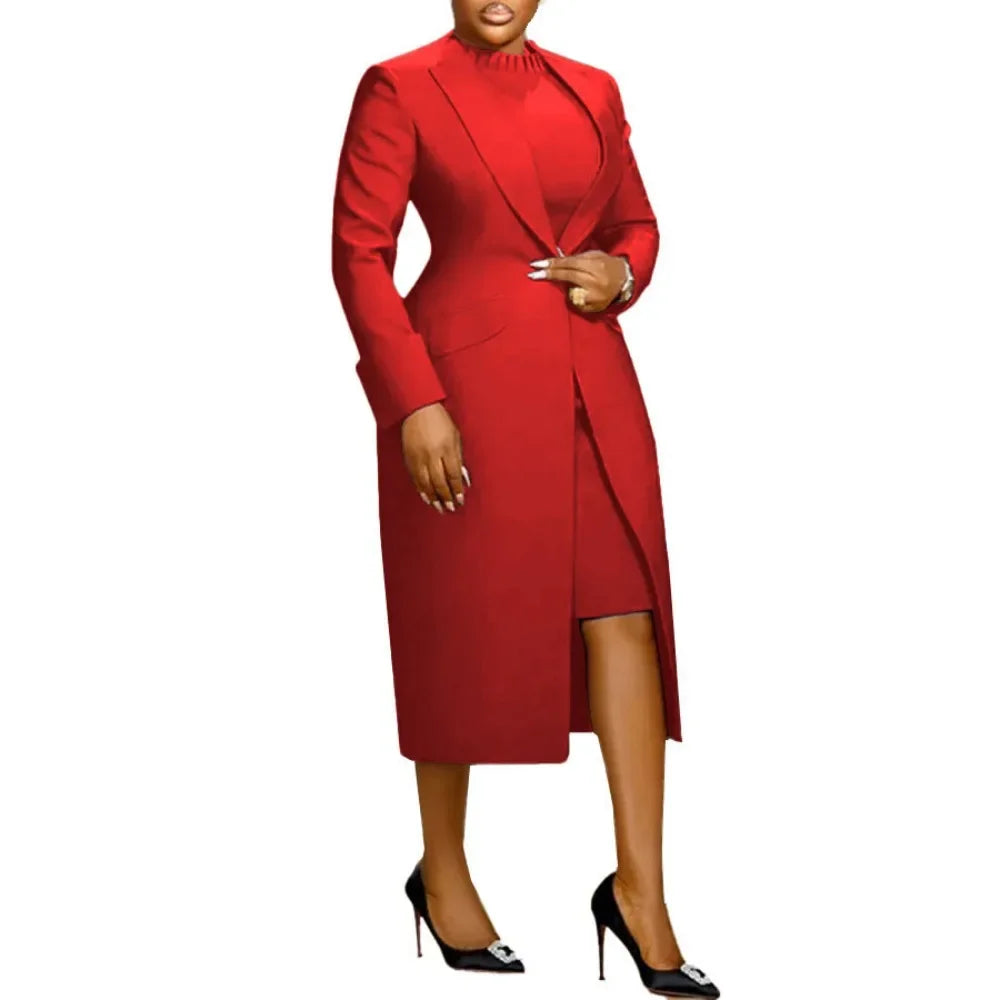 HLJ High Quality Elegant Office Lady Blazer Two Piece Sets Women Lapel Long Sleeve Coat And Slim Dress Outfit Female Clothing