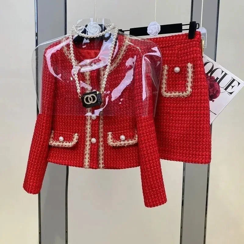 Women Tweed Jacquard Fragrant Suit Jacket Coat Top And Skirt Two Piece Set Elegant Chic Outfit Winter Workwear Party Clothing