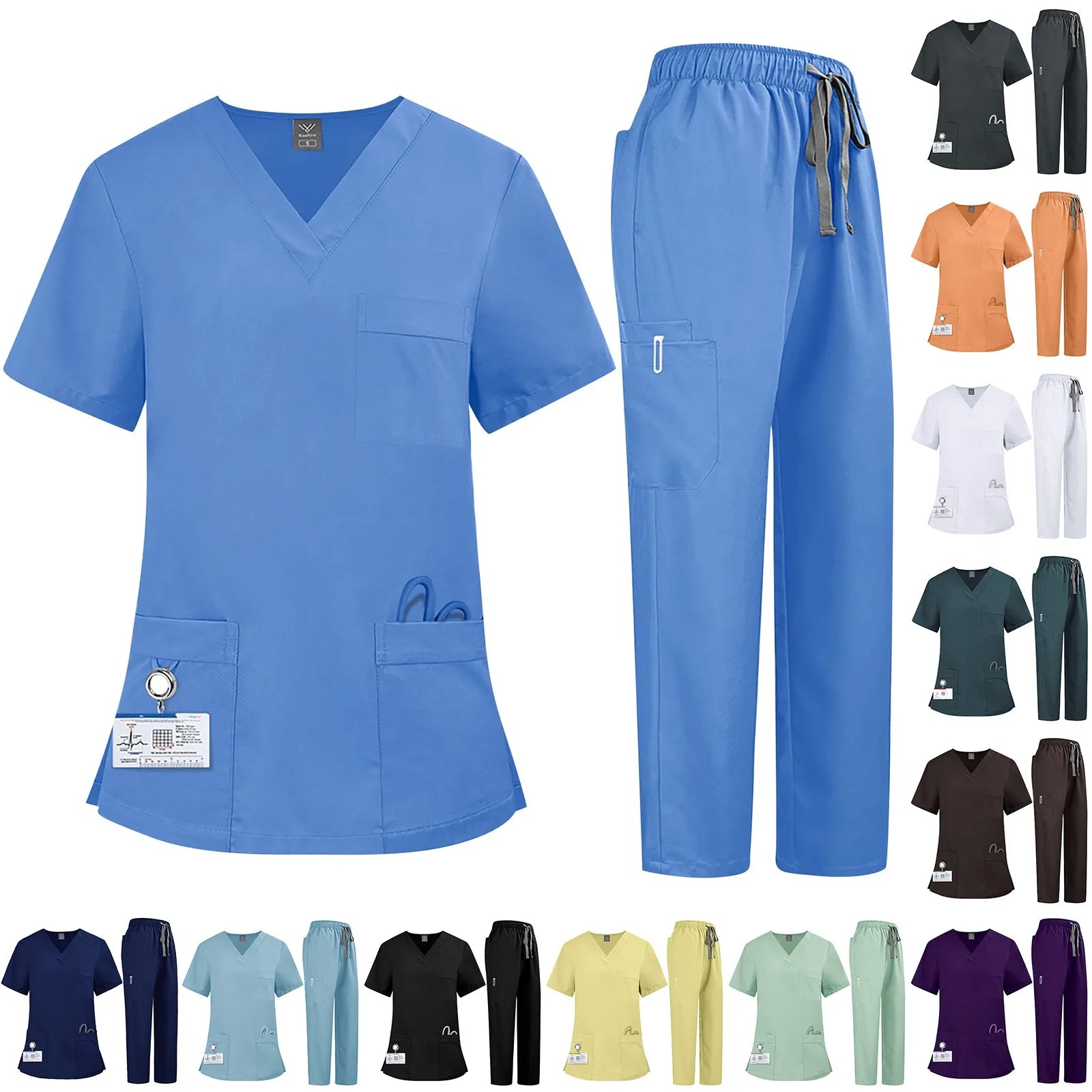 Plus Size Women'S Nurse Uniform Quick-Drying Fabric Solid Color V-Neck Pocket Short-Sleeved Trousers Suit Nursing Uniform Suit