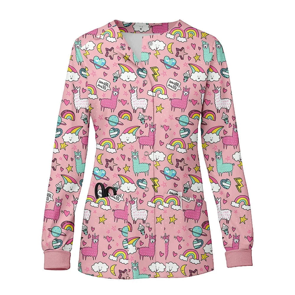 Women O-Neck Nursing Spa Scrub Uniforms Printed Scrubs Top Cartoon Medical Uniform Stretch Scrubs Top Long Sleeve Medicale Femme
