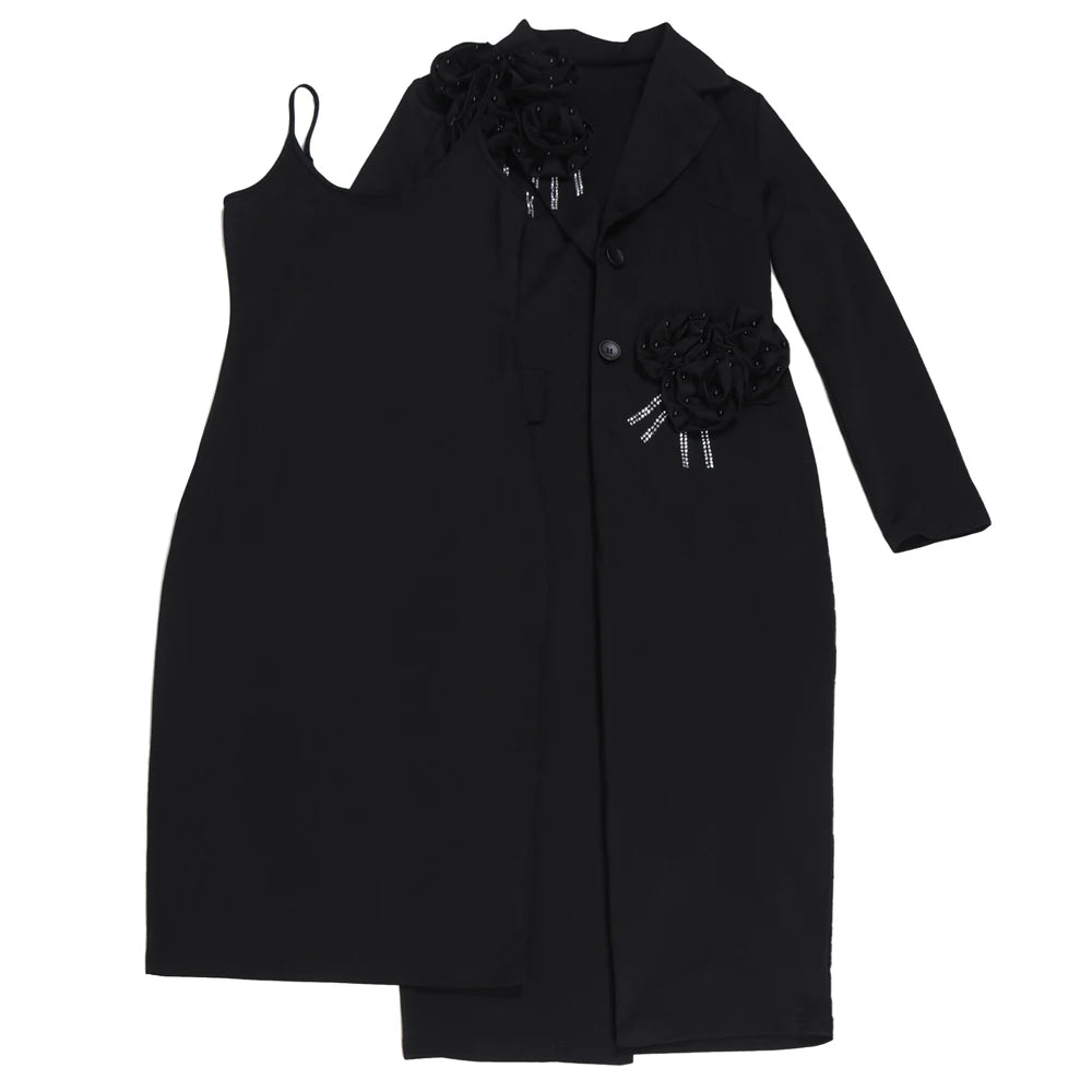 Women Dress 2 Piece Blazer Set Elegant Rhinestone 3D Flower Long Sleeve Coat Bodycon Midi Slip Dress Church Suit for Office Wear