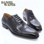 Elegant Men Oxford Shoes Brogue Genuine Leather Black Brown Classic Cap Toe Lace Up Formal Shoes Wedding Office Men Dress Shoes