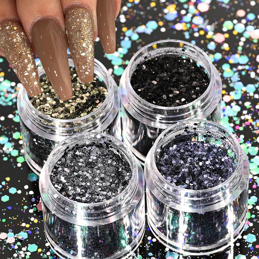 Holographic Glitter set 4 different shines Nail Sequins 10 grams each jar Holographic Cosmetic Festival Chunky Glitters Sequins