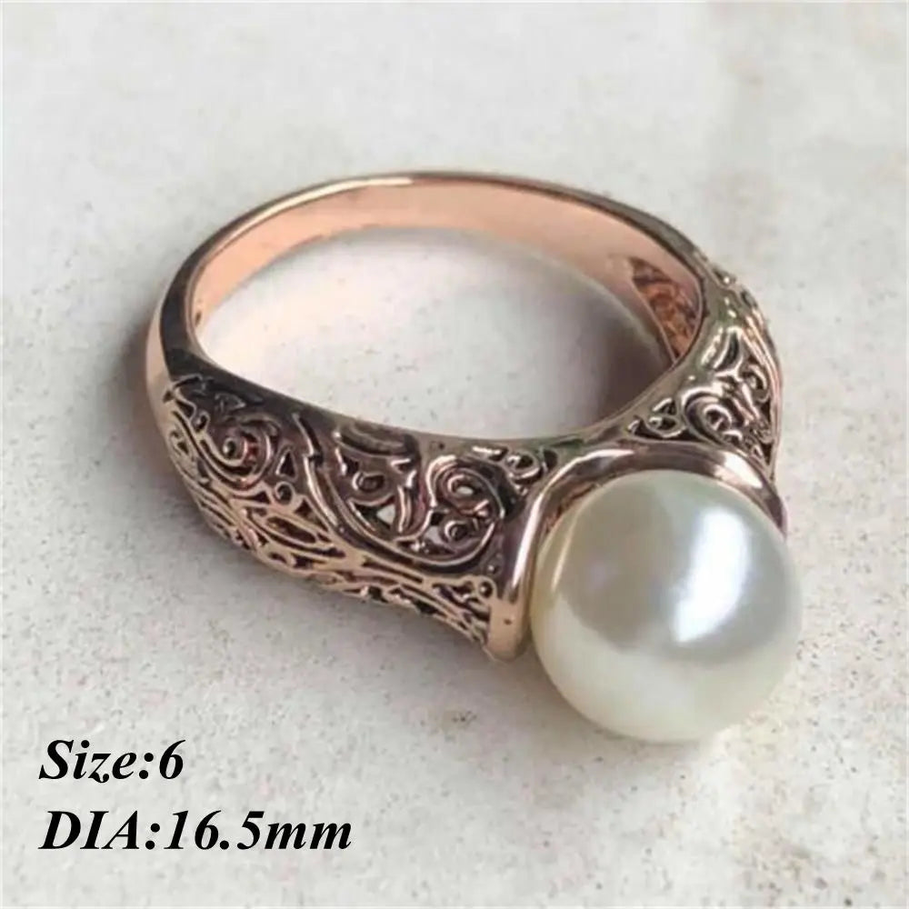 Charm Gift Vintage Carved White Pearl Ring Jewelry Yellow Gold Plated 14K