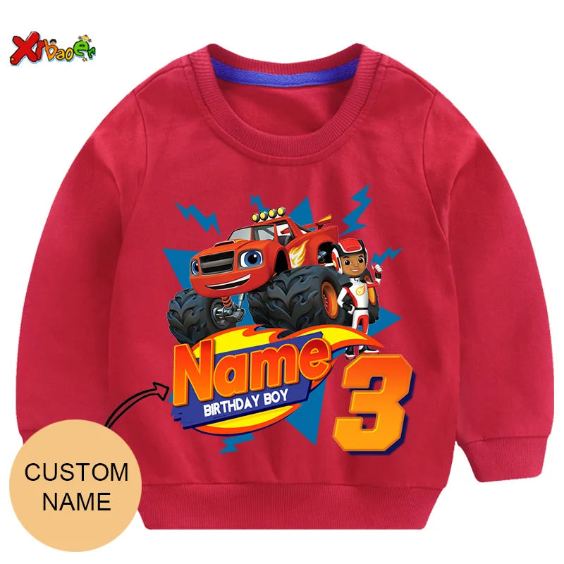 Children Clothes for Boys Sweatshirt Personalized Name Birthday Blaze Shirt Long T Shirt Girl Clothing Kids Toddler Fall Hoodie