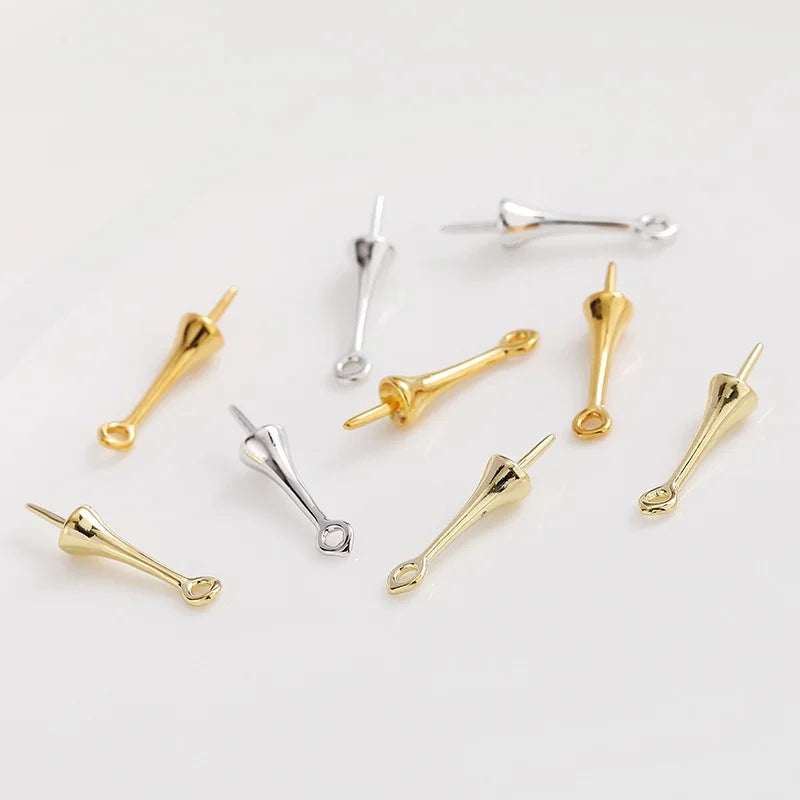 Gold Plated Brass Long Eye Pin Peg Bail with 6mm Bead Cap and Peg Pendant Bail,For Half Drilled Pearls,Earring Jewelry Making