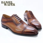 Elegant Men Oxford Shoes Brogue Genuine Leather Black Brown Classic Cap Toe Lace Up Formal Shoes Wedding Office Men Dress Shoes